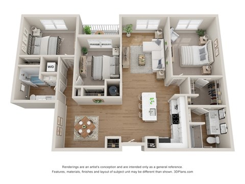 Floor plan for 3 beds, 2 baths, 1370 sqft